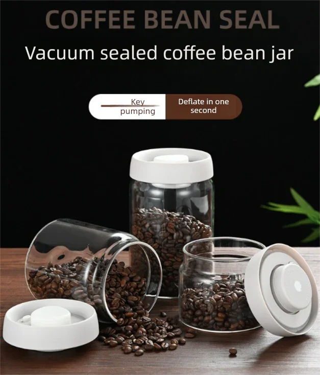 900ml Vacuum Sealed Glass Coffee Canister - One-Press Airtight Storage Jar - Medium Size Moisture-Proof Borosilicate Container for Beans & Pantry (Black Lid)