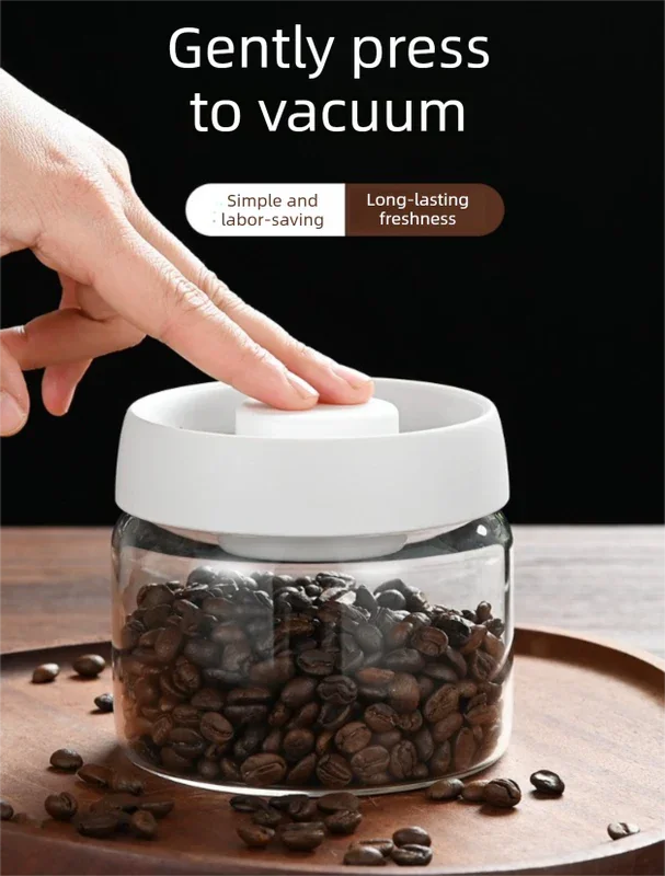 1200ml Large Vacuum Sealed Glass Canister - One-Press Airtight Food Storage Jar - High Borosilicate Coffee Bean Container & Pantry Organiser (Black Lid)