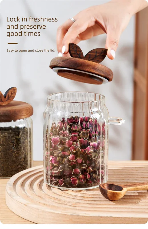 500ml Premium Borosilicate Glass Storage Jar with Acacia Wood Lid & Integrated Spoon – Airtight Moisture-Proof Kitchen Canister for Tea, Coffee, and Spices