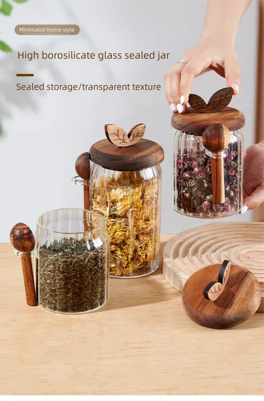 600ml Premium Borosilicate Glass Storage Jar with Acacia Wood Lid & Integrated Spoon – Airtight Moisture-Proof Kitchen Canister for Tea, Coffee, and Spices