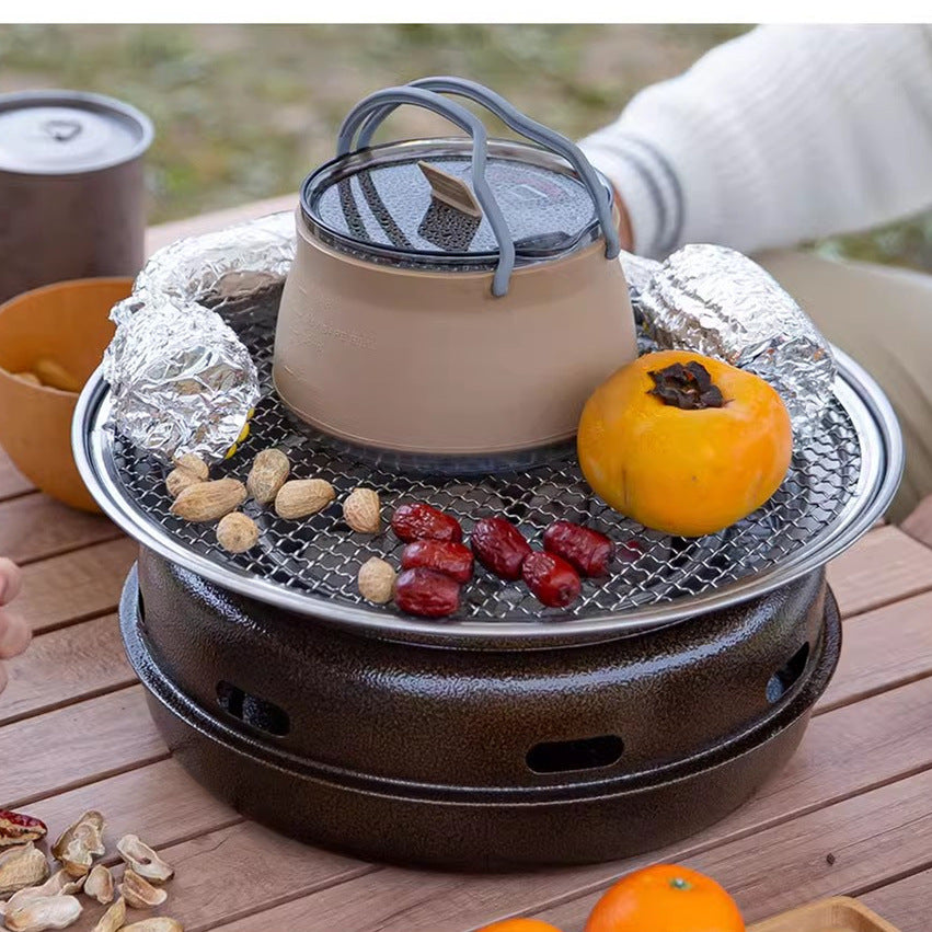 Khaki 1L Portable Collapsible Camping Kettle - Food-Grade Silicone Body with 304 Stainless Steel Base, Compatible with Induction & Gas Stoves
