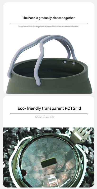 Khaki 1L Portable Collapsible Camping Kettle - Food-Grade Silicone Body with 304 Stainless Steel Base, Compatible with Induction & Gas Stoves