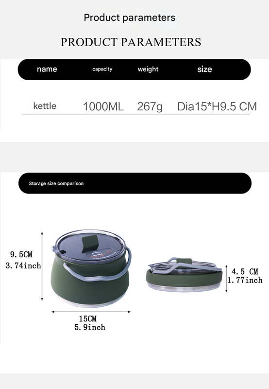 Dark Green 1L Portable Collapsible Camping Kettle - Food-Grade Silicone Body with 304 Stainless Steel Base, Compatible with Induction & Gas Stoves
