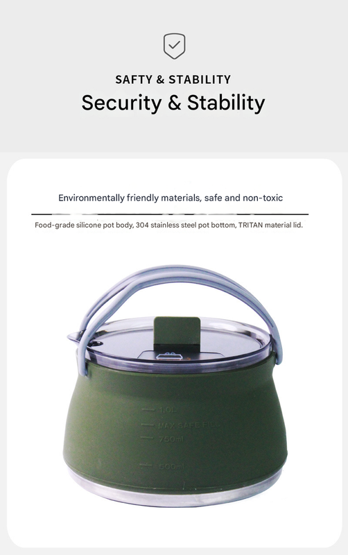 Black 1L Portable Collapsible Camping Kettle - Food-Grade Silicone Body with 304 Stainless Steel Base, Compatible with Induction & Gas Stoves