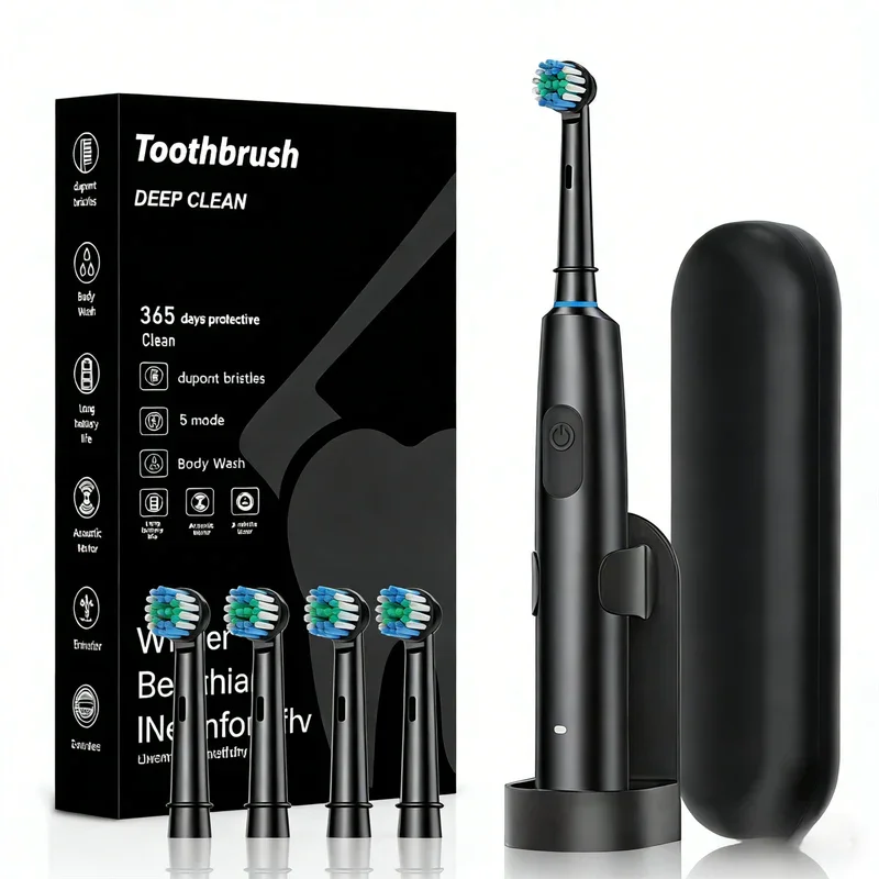 Black Rotating Round Head Electric Toothbrush Kit with 4 Heads, Case & Stand - 3D Oscillating Mechanical Cleaning for Deep Plaque Removal
