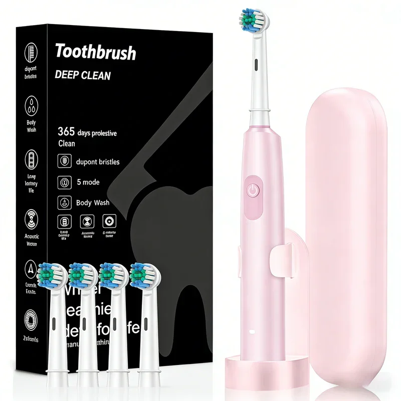 Pink Rotating Round Head Electric Toothbrush Kit with 4 Heads, Case & Stand - 3D Oscillating Mechanical Cleaning for Deep Plaque Removal