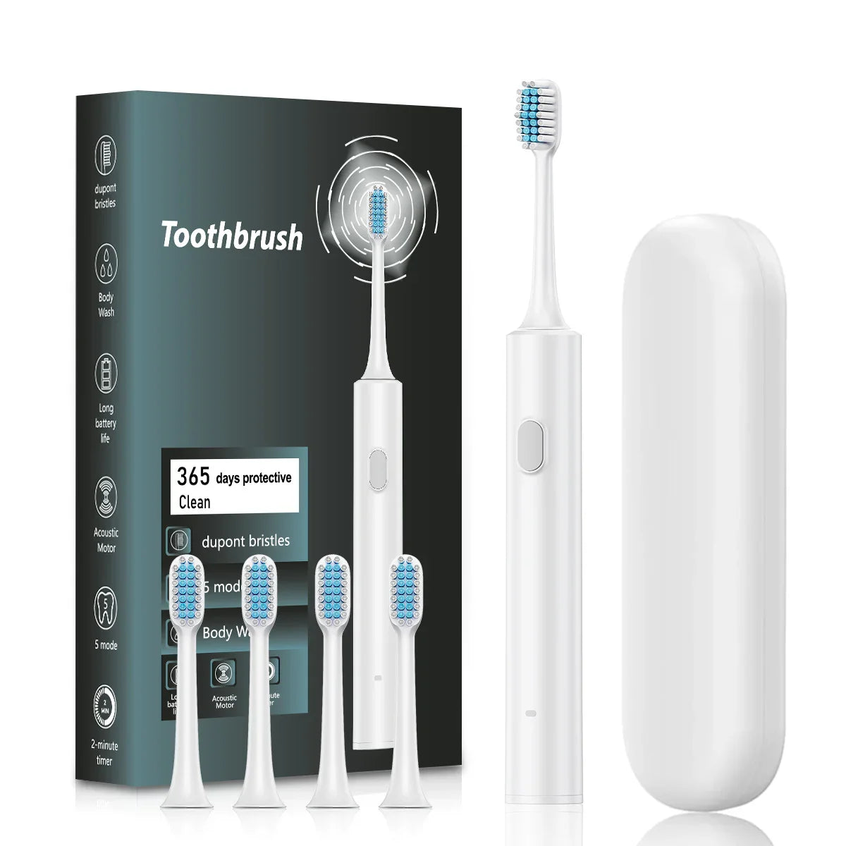White Sonic Electric Toothbrush Kit with 5 Cleaning Modes, 4 Heads & Travel Case - Smart Timer & Quad-Pacer, Soft Double-Arc Bristles and 120-Day Long Battery Life