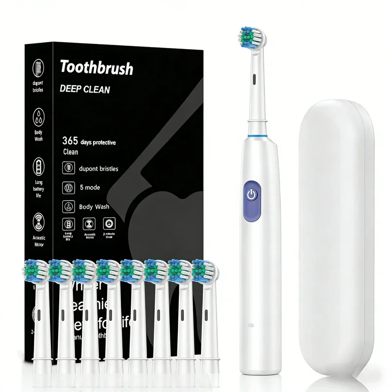 White Rotating Round Head Electric Toothbrush Kit with 8 Heads & Case - 3D Oscillating Mechanical Cleaning for Deep Plaque Removal