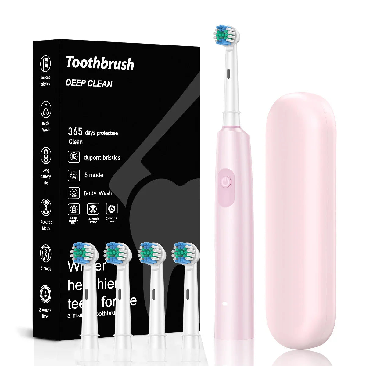 Pink Rotating Round Head Electric Toothbrush Kit with 4 Heads & Case - 3D Oscillating Mechanical Cleaning for Deep Plaque Removal
