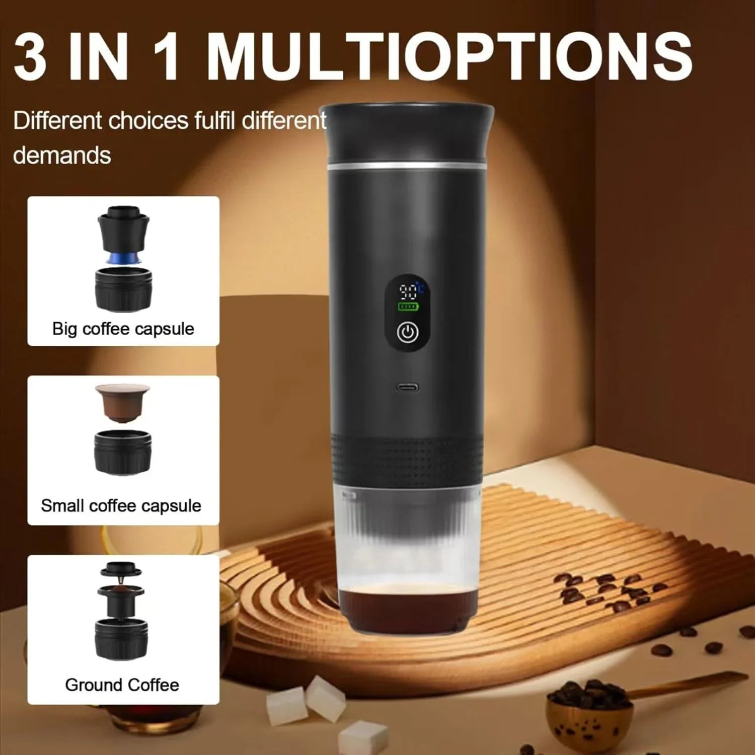 Black 3-in-1 Portable Espresso Maker with Self-Heating and One-Touch Cold Hot Brew - Smart Digital Display & 20Bar High Pressure for Rich Crema