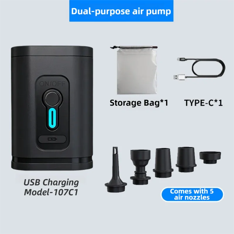 Black Wireless Rechargeable Vacuum Pump with 5 Versatile Nozzles - 2-in-1 Compact High-Suction Inflator & Deflator for Travel & Home