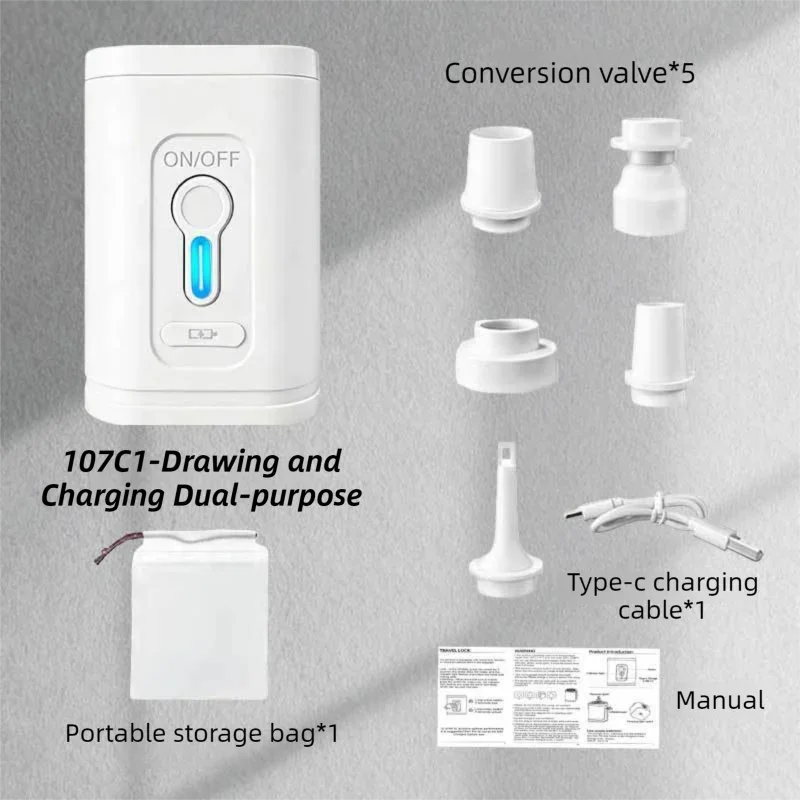 White Wireless Rechargeable Vacuum Pump with 5 Versatile Nozzles - 2-in-1 Compact High-Suction Inflator & Deflator for Travel & Home
