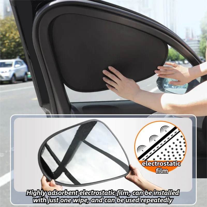 4-PCS Static Cling Car Window Sunshades Set - Glue-Free Insulating Total Blackout Fabric & Foldable Memory Wire Frame