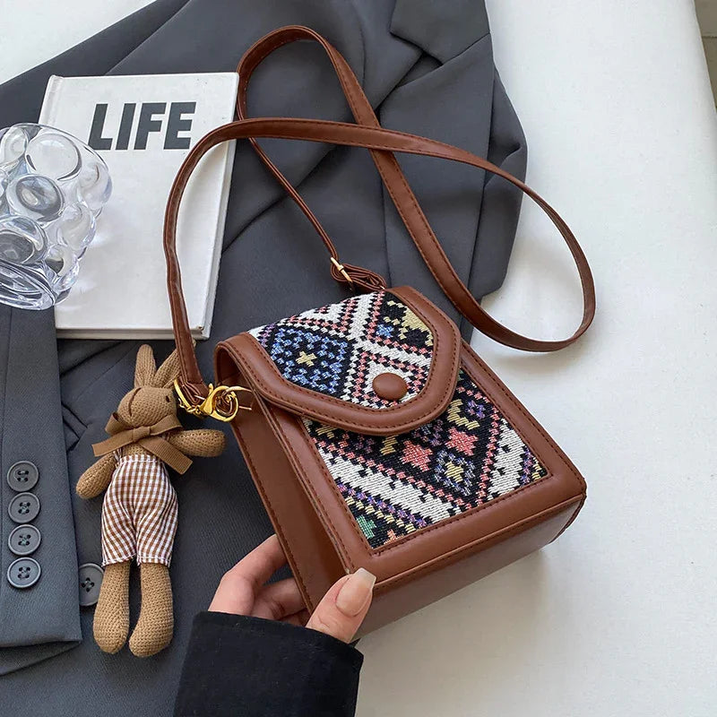 Black Boho-Chic PU Leather Crossbody Phone Purse with Cute Rabbit Pendant - Stylish Multi-Functional Compact Square Bag