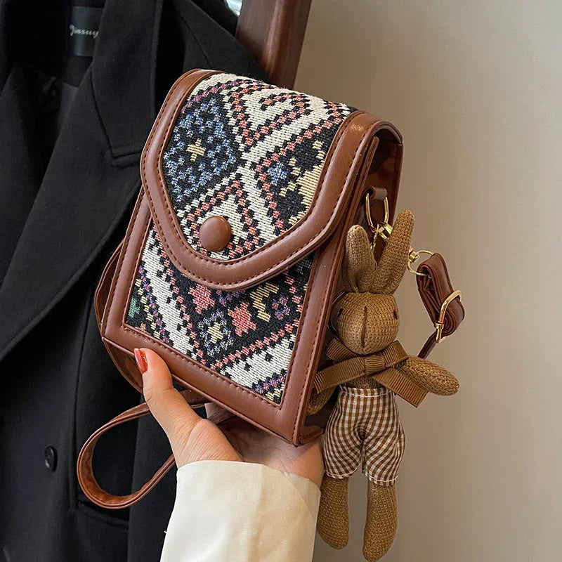 Black Boho-Chic PU Leather Crossbody Phone Purse with Cute Rabbit Pendant - Stylish Multi-Functional Compact Square Bag