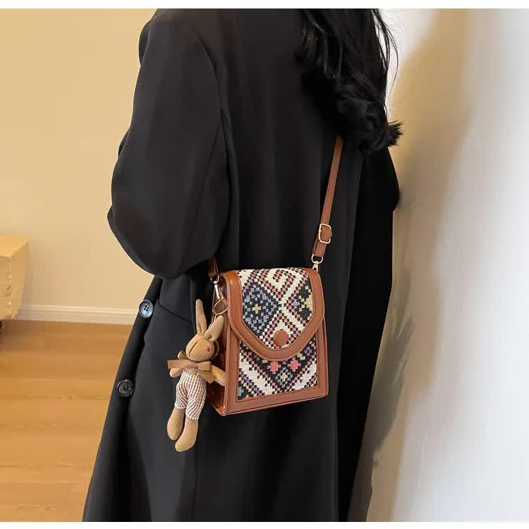 Black Boho-Chic PU Leather Crossbody Phone Purse with Cute Rabbit Pendant - Stylish Multi-Functional Compact Square Bag