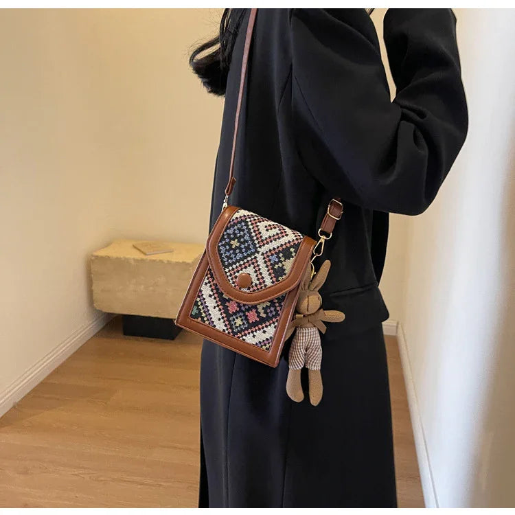 Black Boho-Chic PU Leather Crossbody Phone Purse with Cute Rabbit Pendant - Stylish Multi-Functional Compact Square Bag