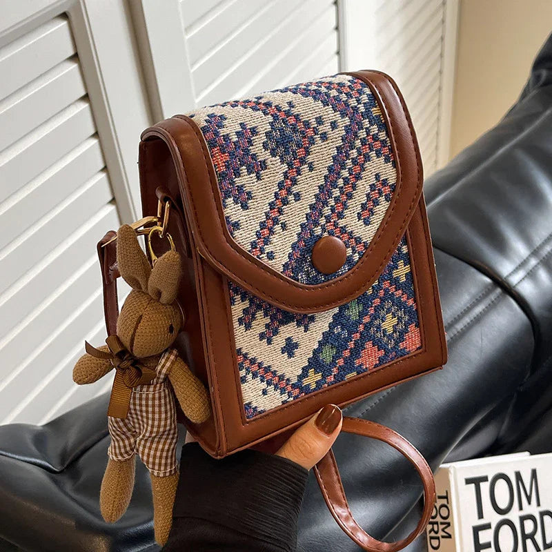 Blue Boho-Chic PU Leather Crossbody Phone Purse with Cute Rabbit Pendant - Stylish Multi-Functional Compact Square Bag