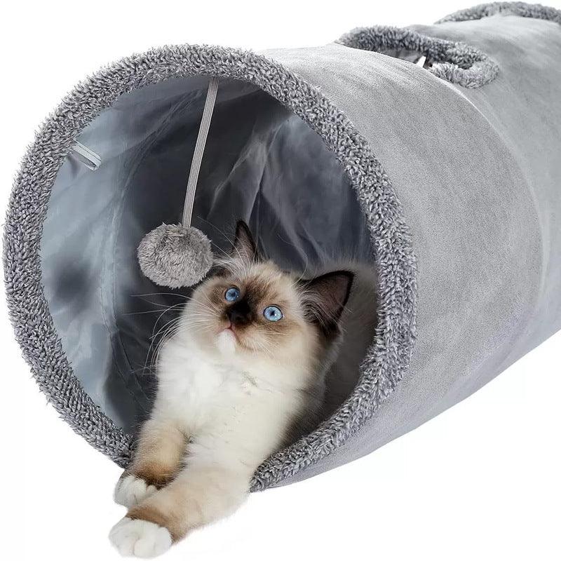 30X130CM Grey Durable Suede Foldable Cat Tunnel - Interactive Multi-Sensory Play Tube with Crinkle Paper & Plush Interior, plush ball and Steel Frame