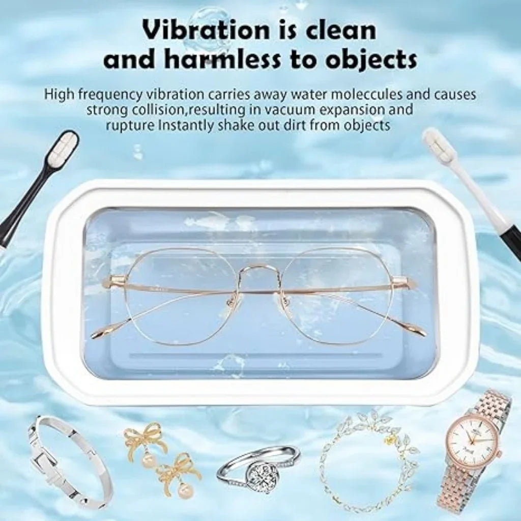 X82 White Ultrasonic Jewelry & Eyeglass Deep Cleaner with Cloth - LCD Digital Display & 5-Level Intelligent Timers and Large 650ml Stainless Steel Tank