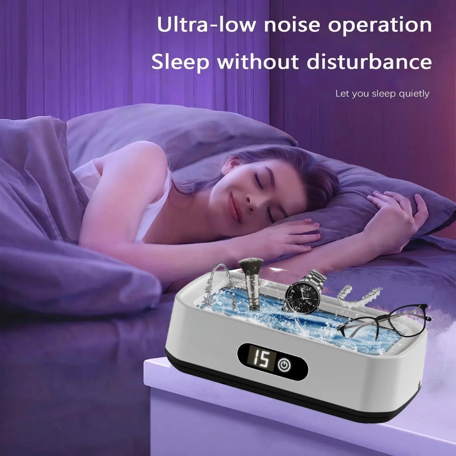 X82 White Ultrasonic Jewelry & Eyeglass Deep Cleaner with Cloth - LCD Digital Display & 5-Level Intelligent Timers and Large 650ml Stainless Steel Tank
