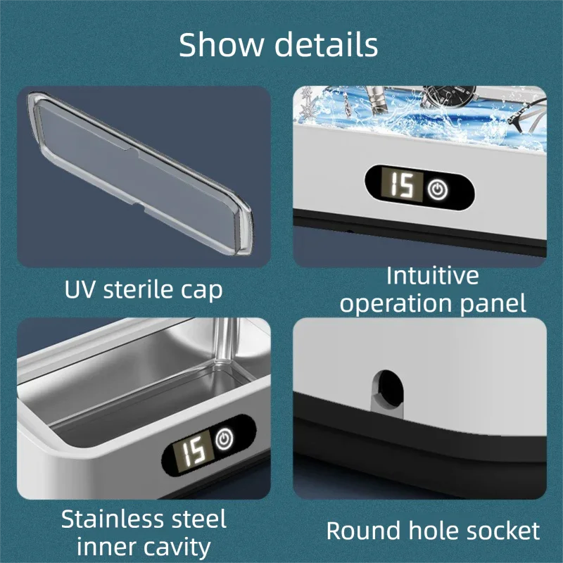 X82 White Ultrasonic Jewelry & Eyeglass Deep Cleaner with Cloth - LCD Digital Display & 5-Level Intelligent Timers and Large 650ml Stainless Steel Tank