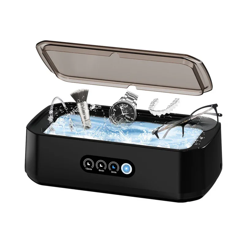 X81 Black Ultrasonic Jewelry & Eyeglass Deep Cleaner with Cloth - Touch Control & 3-Level Intelligent Timers and Large 650ml Stainless Steel Tank
