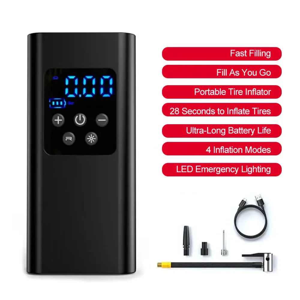Wireless Rechargeable Tire Inflator with 4 Inflation Modes & 5 Inflatable Parts - Real-Time LCD Precision Gauge, Auto-Stop & Emergency LED Light(2-Cell)