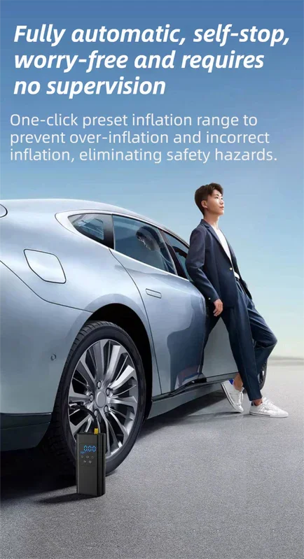 Wireless Rechargeable Tire Inflator with 4 Inflation Modes & 5 Inflatable Parts - Real-Time LCD Precision Gauge, Auto-Stop & Emergency LED Light(3-Cell)