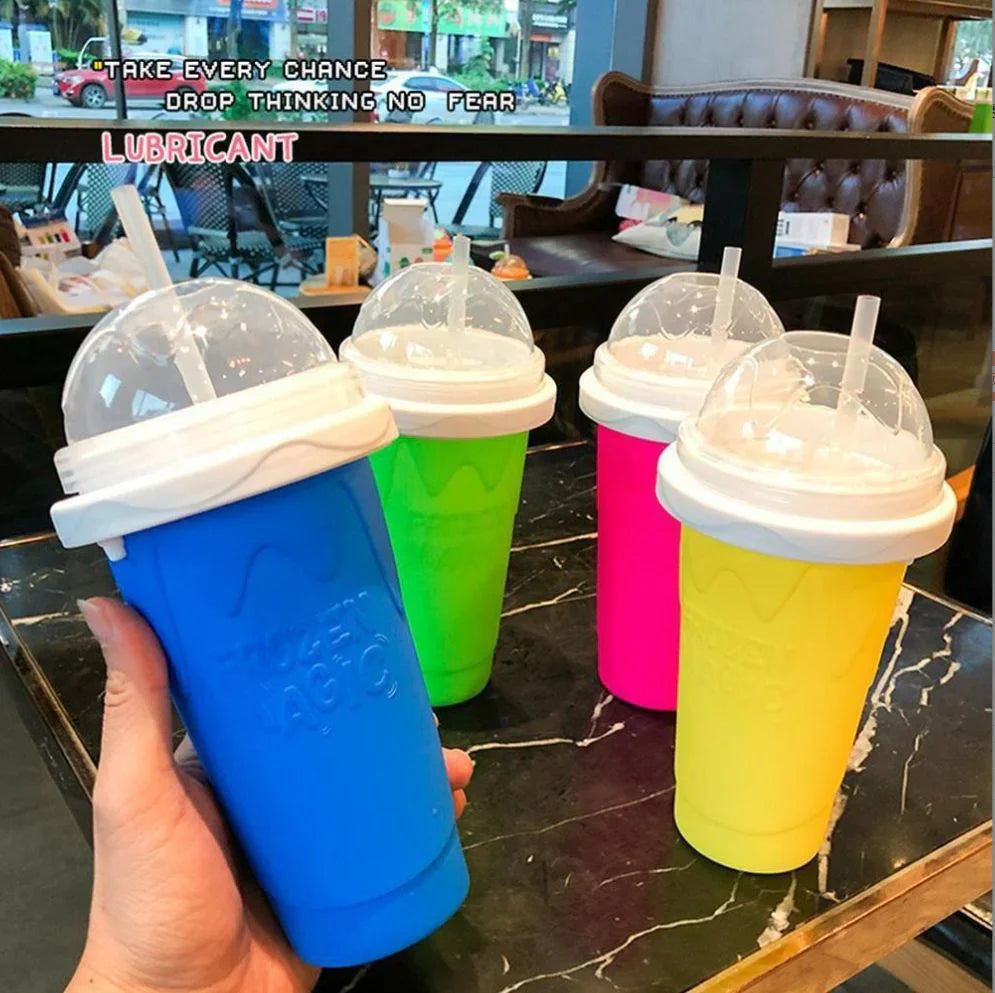 Pink Instant DIY Slushie Squeeze Maker Cup - Food-Grade Silicone Double-Layer Cooling Smoothie Cup with 2-in-1 Straw & Spoon