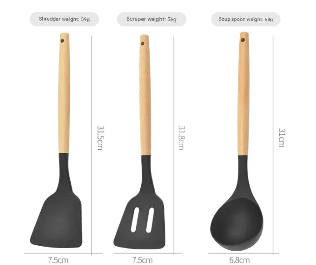 12-Piece Black Heat-Resistant Silicone Cooking Utensils with Wooden Handles and Box - Non-Stick Scratch-Free Kitchen Tool Kit