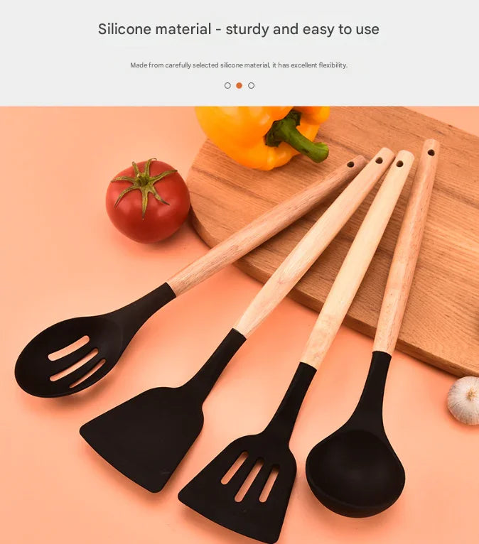12-Piece White Heat-Resistant Silicone Cooking Utensils with Wooden Handles and Box - Non-Stick Scratch-Free Kitchen Tool Kit