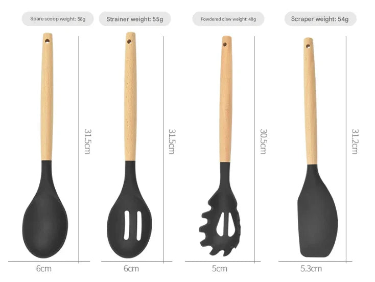 12-Piece Pink Heat-Resistant Silicone Cooking Utensils with Wooden Handles and Box - Non-Stick Scratch-Free Kitchen Tool Kit