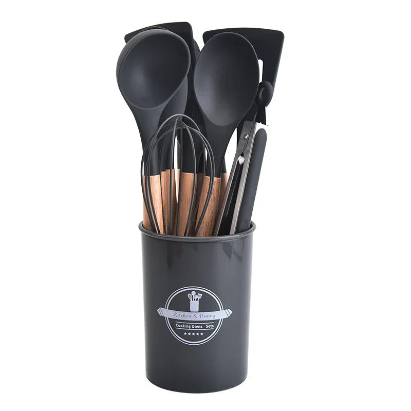 12-Piece Grey Heat-Resistant Silicone Cooking Utensils with Wooden Handles and Box - Non-Stick Scratch-Free Kitchen Tool Kit