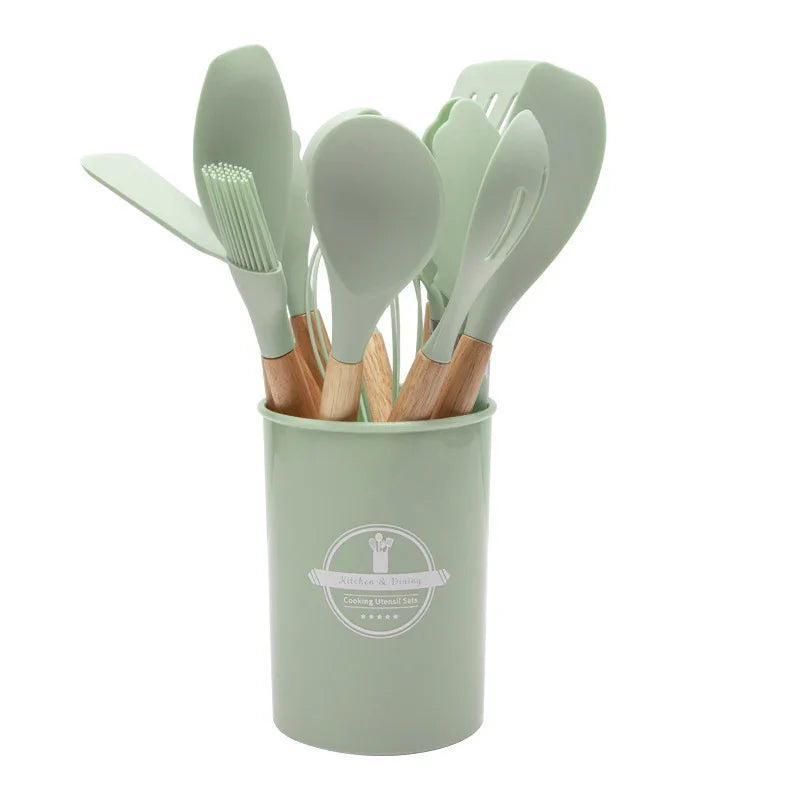 12-Piece Green Heat-Resistant Silicone Cooking Utensils with Wooden Handles and Box - Non-Stick Scratch-Free Kitchen Tool Kit