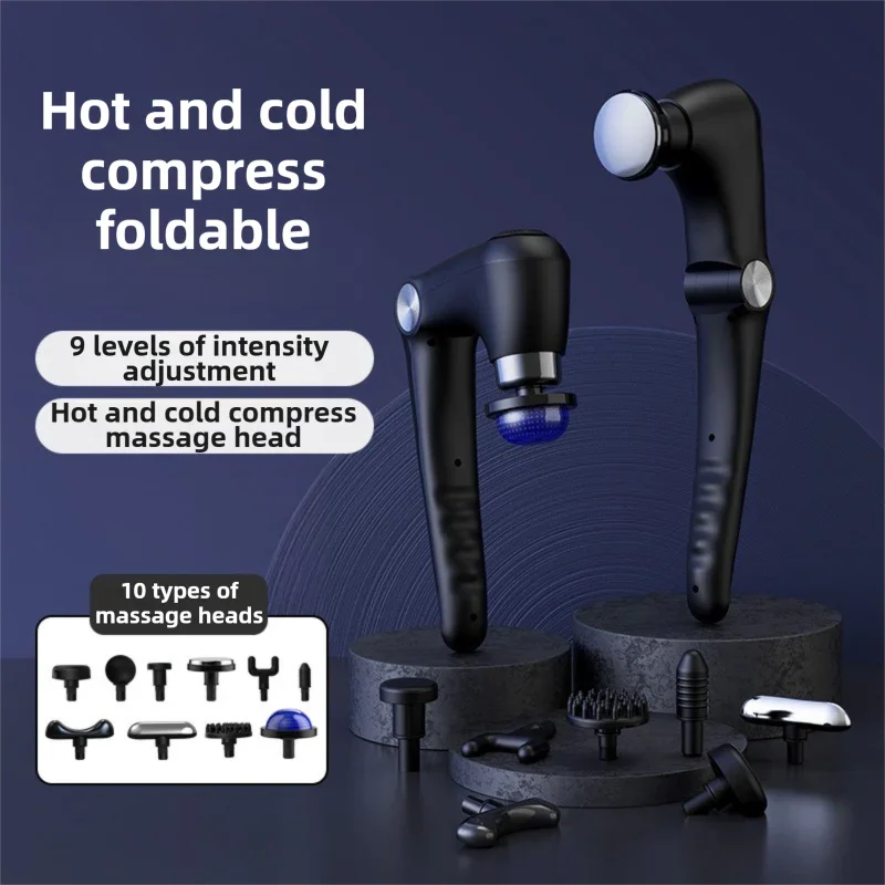 Black-Rosegold Foldable Percussion Massage Gun with Hot Cold Compress & 10 Heads - 9 Speed Levels and High Frequency Vibration Full Body Muscle Relaxer