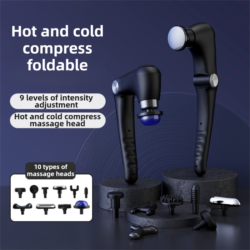 Black-Blue Foldable Percussion Massage Gun with Hot Cold Compress & 10 Heads - 9 Speed Levels and High Frequency Vibration Full Body Muscle Relaxer