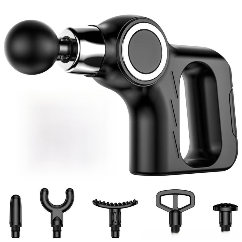 Black Portable Mini Triangle Massage Gun with 6 Heads & 6 Speed Setting - High Frequency Muscle Stimulator for Professional Fitness (Button Model)