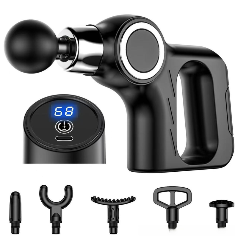 Black Portable Mini Triangle Massage Gun with 6 Heads & 6 Speed Setting - High Frequency Muscle Stimulator for Professional Fitness (LCD Model)