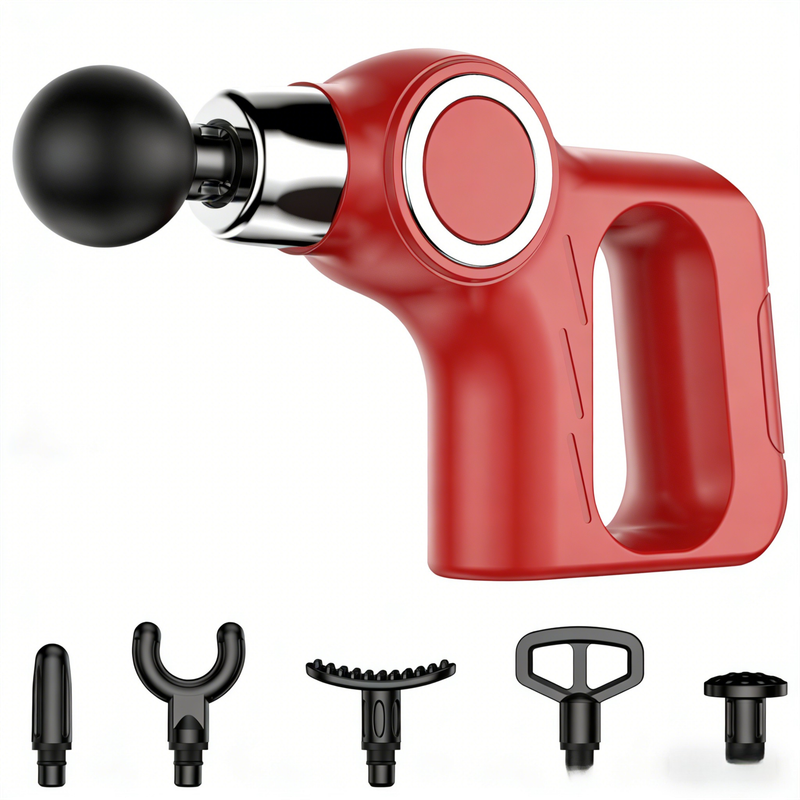 Red Portable Mini Triangle Massage Gun with 6 Heads & 6 Speed Setting - High Frequency Muscle Stimulator for Professional Fitness (Button Model)
