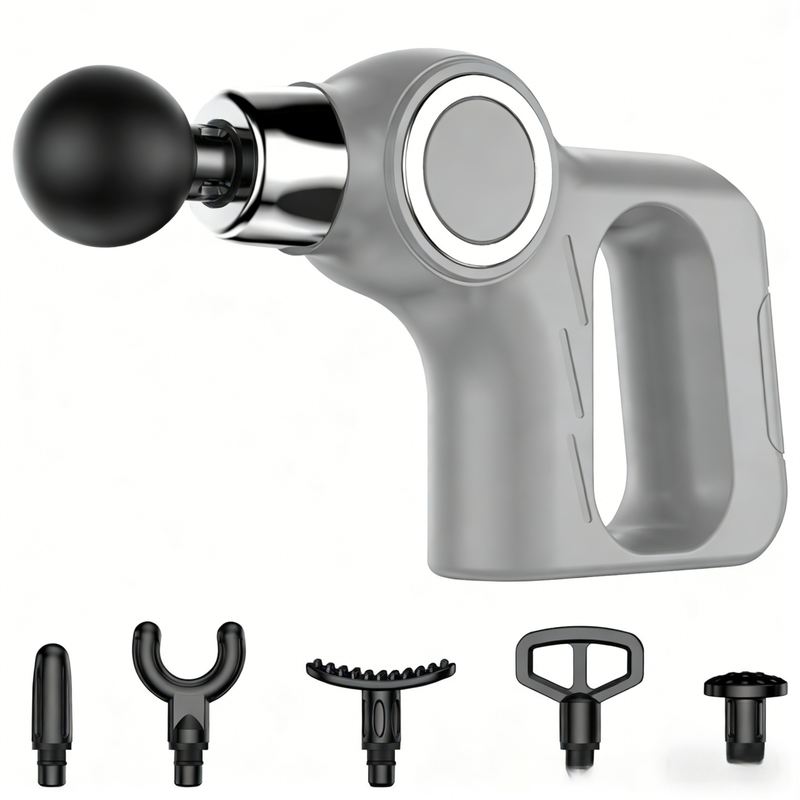 Grey Portable Mini Triangle Massage Gun with 6 Heads & 6 Speed Setting - High Frequency Muscle Stimulator for Professional Fitness (Button Model)