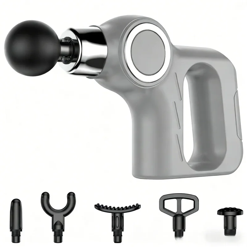 Grey Portable Mini Triangle Massage Gun with 6 Heads & 6 Speed Setting - High Frequency Muscle Stimulator for Professional Fitness (LCD Model)