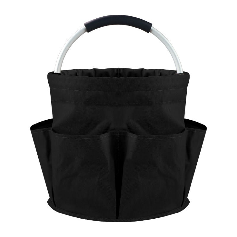 Black Foldable Oxford Cloth Round Picnic Basket with Padded Metal Handle - 6 Pocket Large Capacity Storage Tote for Outdoor Beach and Shopping