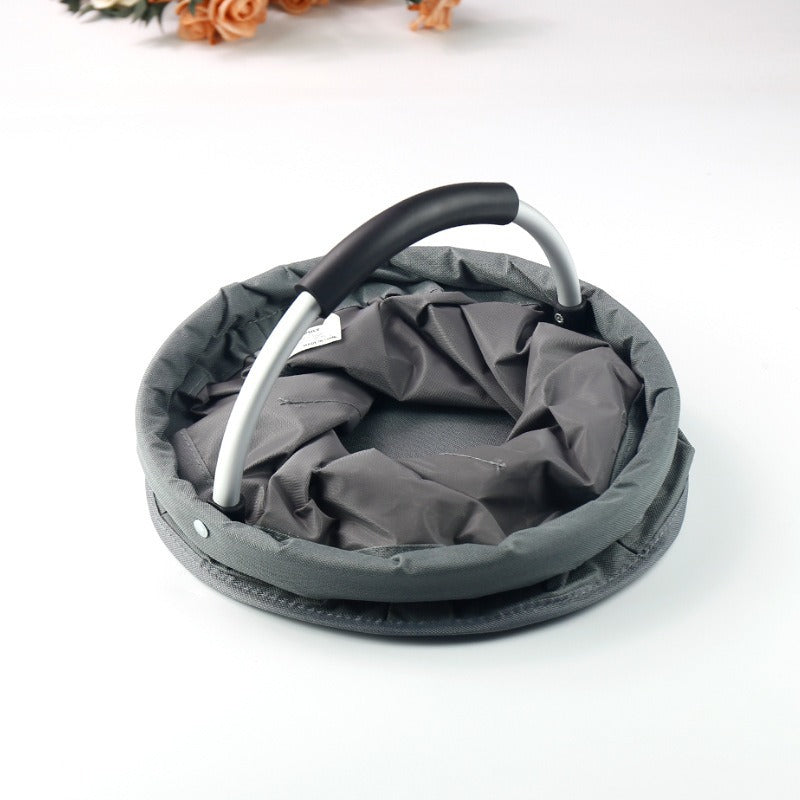 Black Foldable Oxford Cloth Round Picnic Basket with Padded Metal Handle - 6 Pocket Large Capacity Storage Tote for Outdoor Beach and Shopping