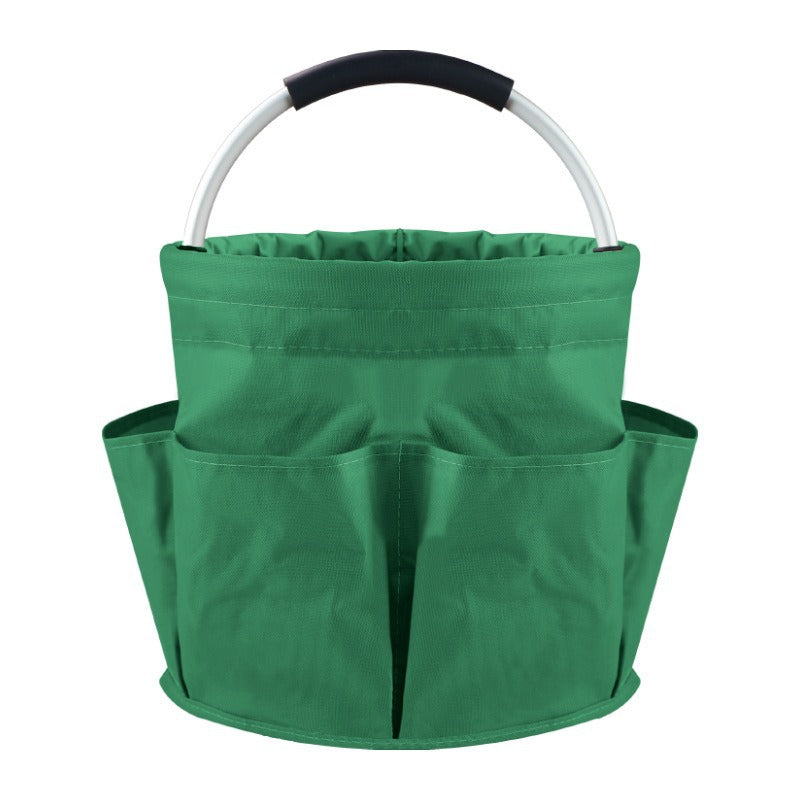 Green Foldable Oxford Cloth Round Picnic Basket with Padded Metal Handle - 6 Pocket Large Capacity Storage Tote for Outdoor Beach and Shopping