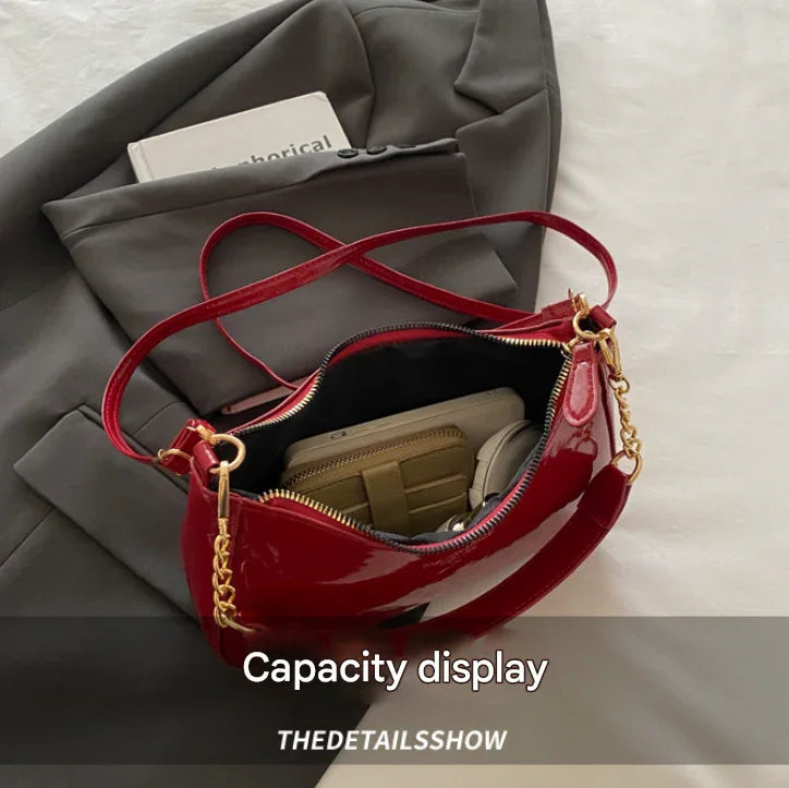 Black Chic Glossy PU Leather Underarm Bag & Crossbody Purse with Cherry Charm - Versatile Handbag for Women