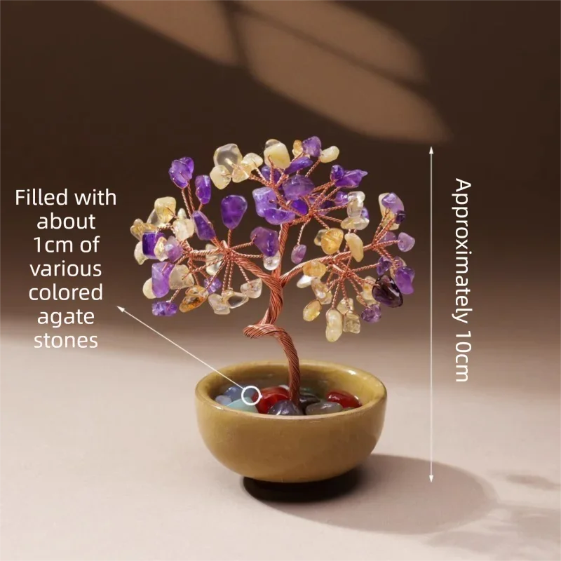 Natural Yellow-Purple Crystal Money Tree with Agate Basin & Adjustable Wire Branches - Desktop Feng Shui Decor for Wealth and Prosperity