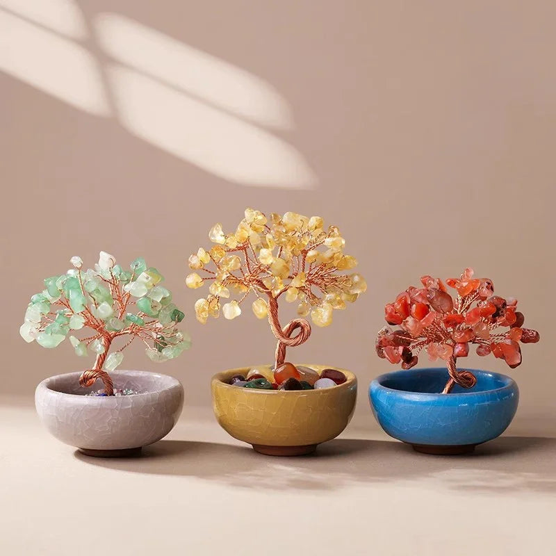 Natural Pink Crystal Money Tree with Agate Basin & Adjustable Wire Branches - Desktop Feng Shui Decor for Wealth and Prosperity