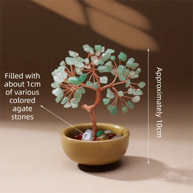 Natural Green Crystal Money Tree with Agate Basin & Adjustable Wire Branches - Desktop Feng Shui Decor for Wealth and Prosperity