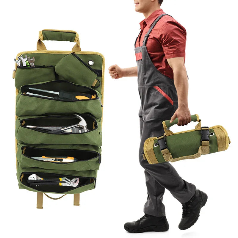 Black Heavy-Duty Oxford Cloth Roll-Up Tool Organizer - Detachable Multi-Purpose Utility Bag for Mechanics, Electricians & Outdoors